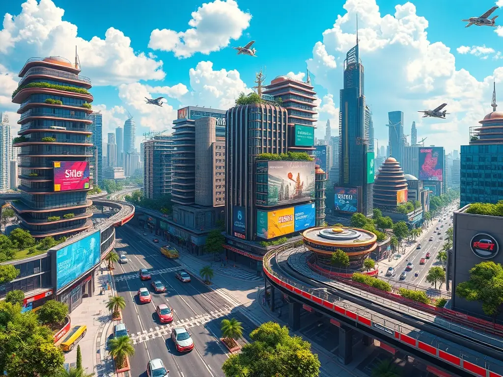 A futuristic cityscape showcasing AI-driven infrastructure and innovative urban planning.