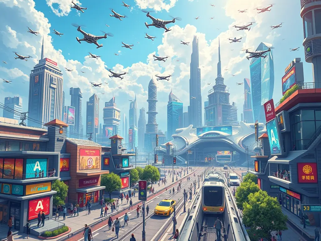 A vibrant futuristic cityscape with AI-driven infrastructure and advanced technology.