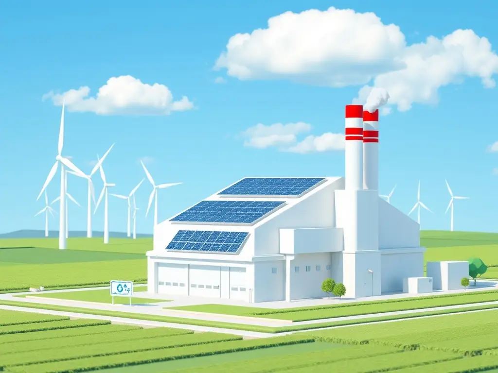 A modern factory with solar panels and wind turbines illustrating renewable energy solutions.