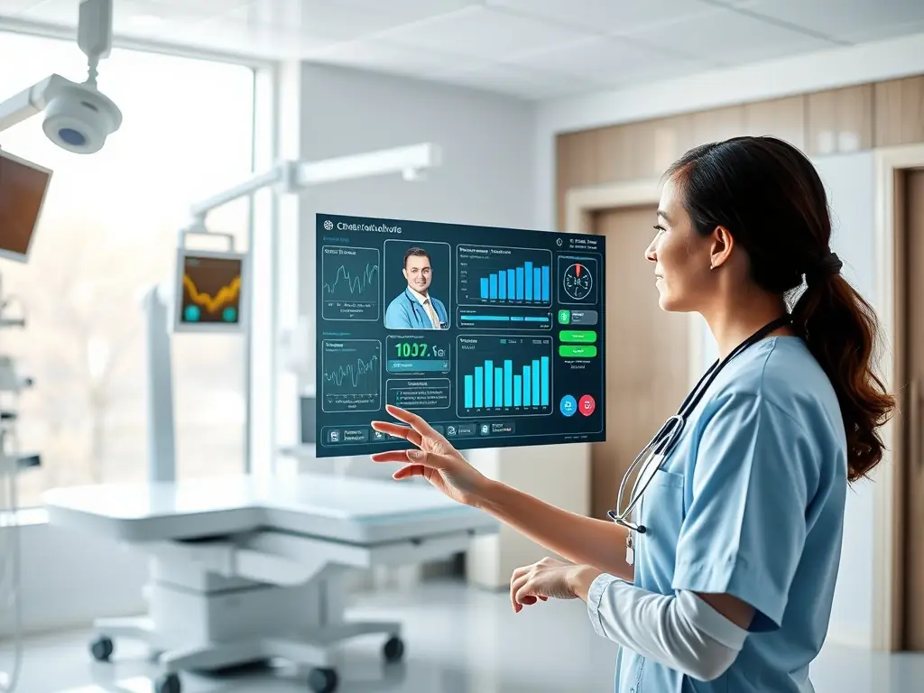 A healthcare facility utilizing AI for patient management with a nurse at a digital interface.